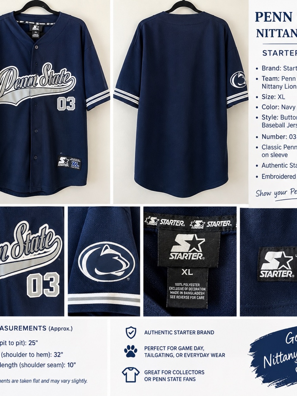 STARTER Navy and White Penn State Button-Up Baseball Jersey